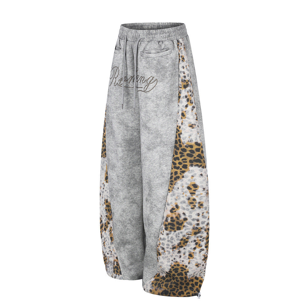 Tie-Dye Leopard Print Patchwork Wide-Leg Sweatpants