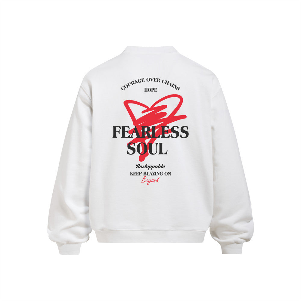 Oversized Fearless Soul graphic crewneck sweatshirt in white showing front logo and full back print