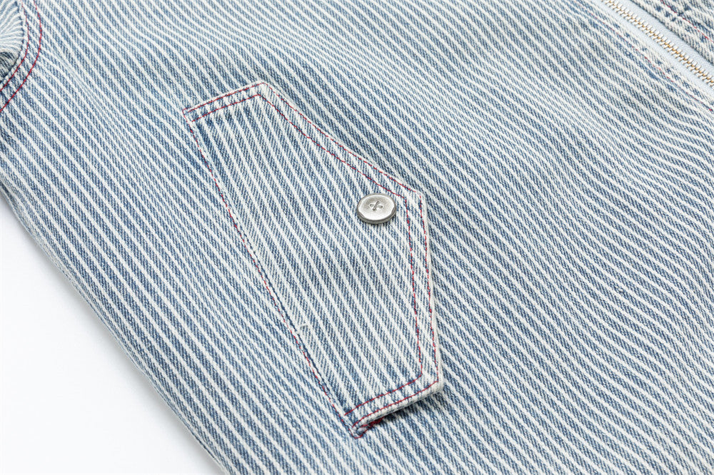 Hickory Stripe Denim Zip Jacket – Men's Workwear-Inspired Drawstring Hem Coat