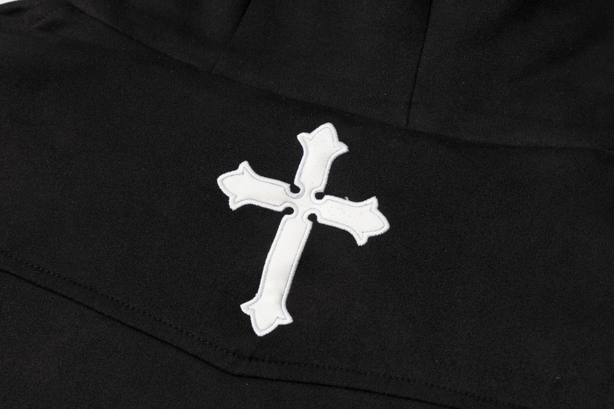 Black Fur-Trim Hooded Bomber Jacket with Arrow Appliqué Sleeves