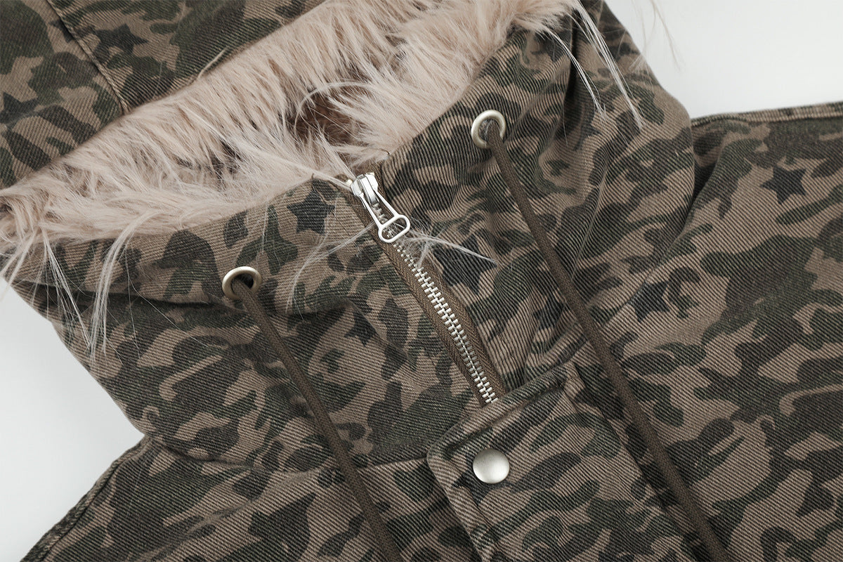 Camouflage Star-Print Padded Bomber Jacket with Faux Fur Hood