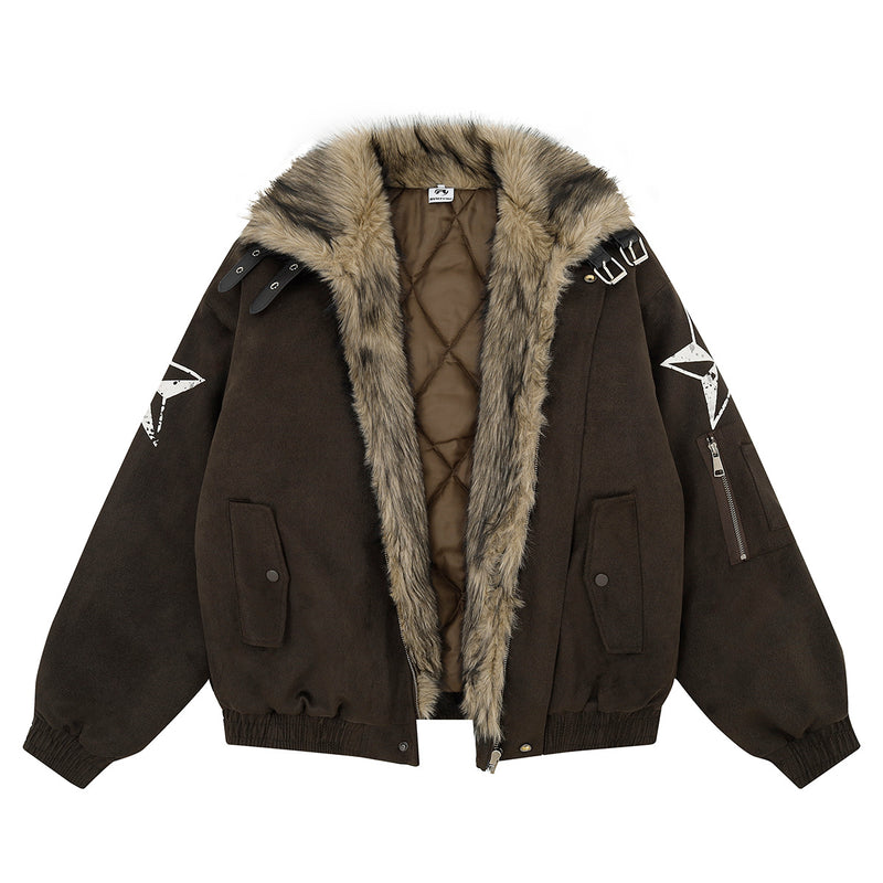 Retro American Bomber Jacket with Faux Fur Collar & Star Patches