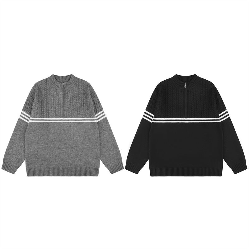 Herren-Pullover mit Reißverschluss – Cable-Knit-Half-Zip mit Streifen