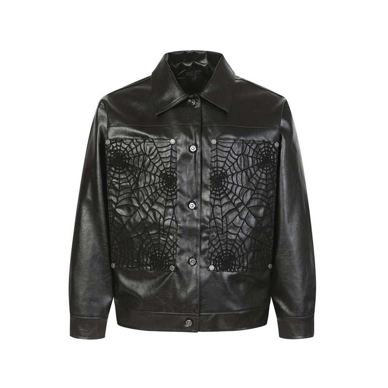 Spiderweb Embroidered PU Leather Jacket – Oversized Moto Fit