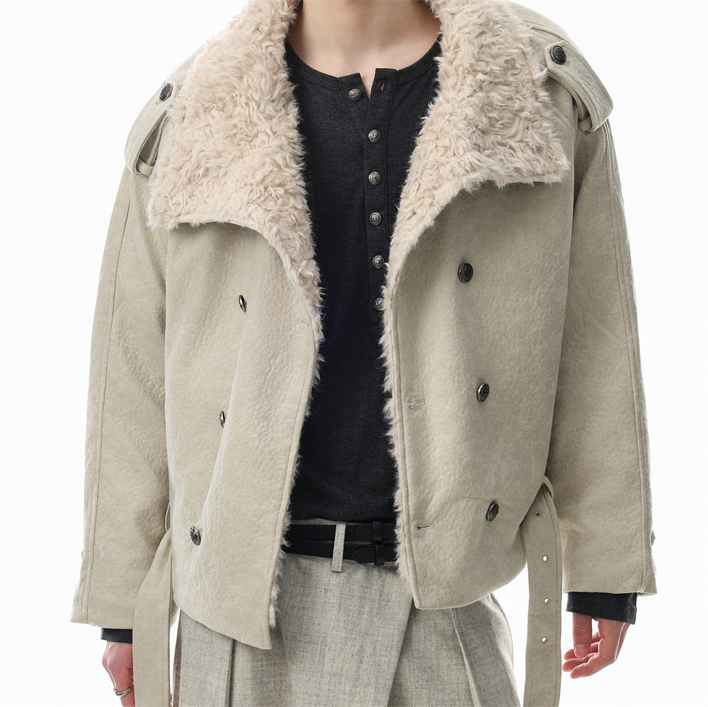 Men's Double-Breasted Sherpa-Collar Belted Jacket with Epaulettes