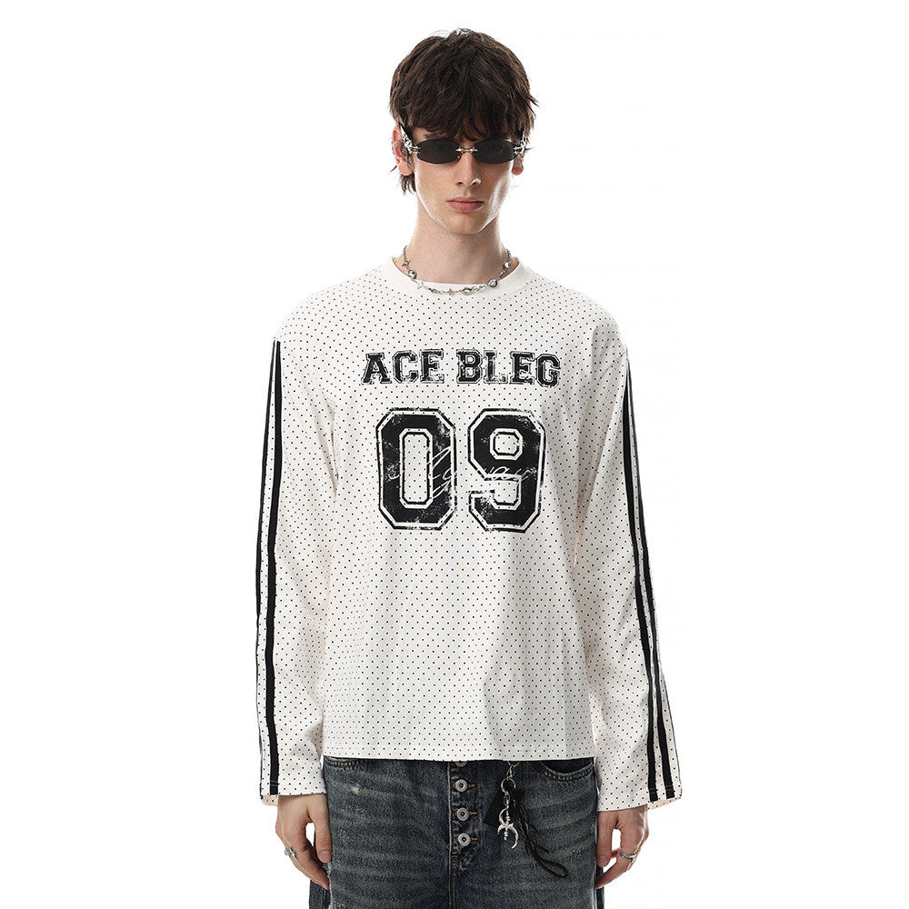 Men's Long Sleeve Tee Shirts – ACE BLEG 09 Varsity Number Polka-Dot Stripe Top