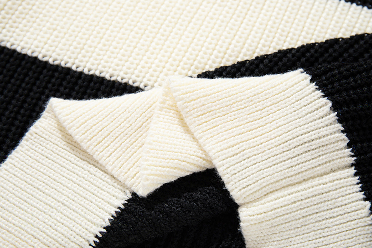Black and White Striped Sweater – Polo Collar Knit Rugby Pullover