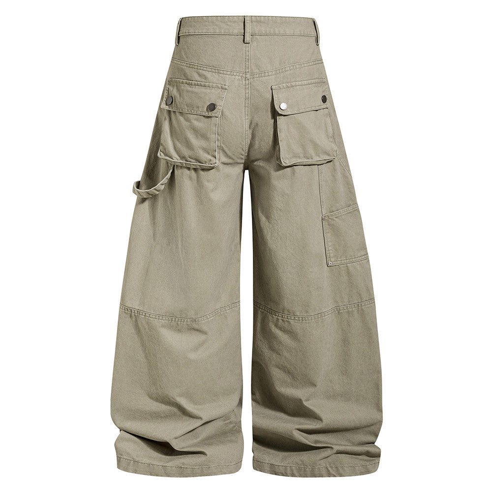 Men's Wide-Leg Cargo Pants – Loose Fit Multi-Pocket Arc-Hem Streetwear Trousers