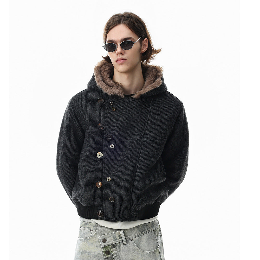 Fur-trim hooded wool-blend bomber jacket with asymmetric button placket in charcoal black, worn with distressed jeans