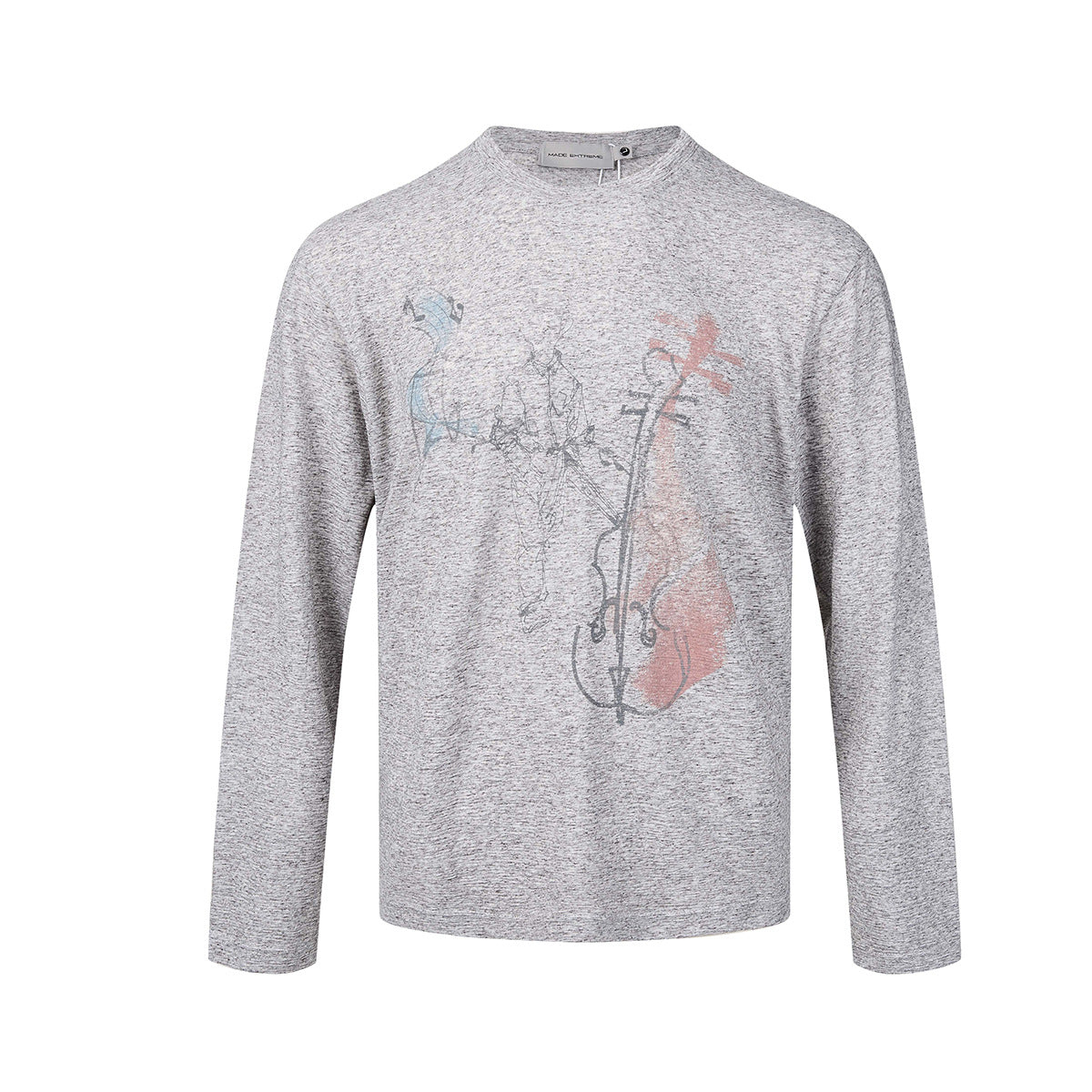 Long Sleeve Graphic Shirt – Cello Musician Sketch Print, Relaxed Fit