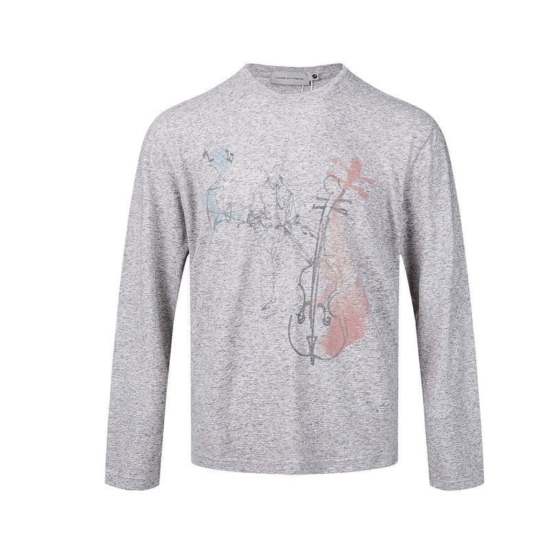 Long Sleeve Graphic Shirt – Cello Musician Sketch Print, Relaxed Fit