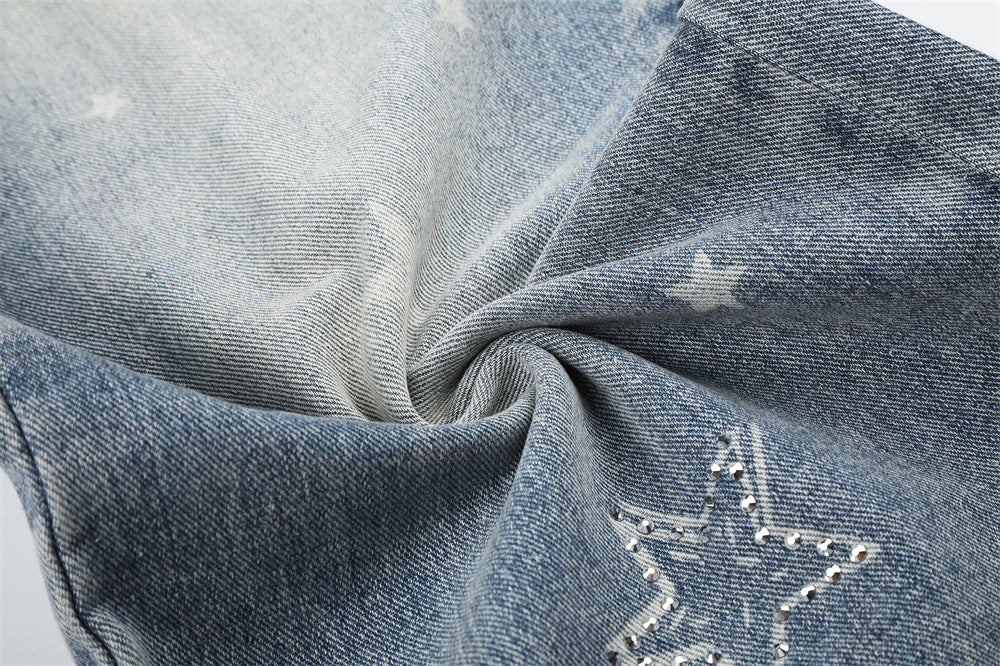 Star Embroidered Distressed Wide-Leg Jeans – Washed Baggy Denim with Ripped Knee