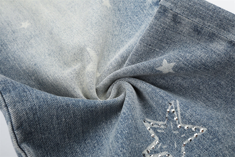 Star Embroidered Distressed Wide-Leg Jeans – Washed Baggy Denim with Ripped Knee