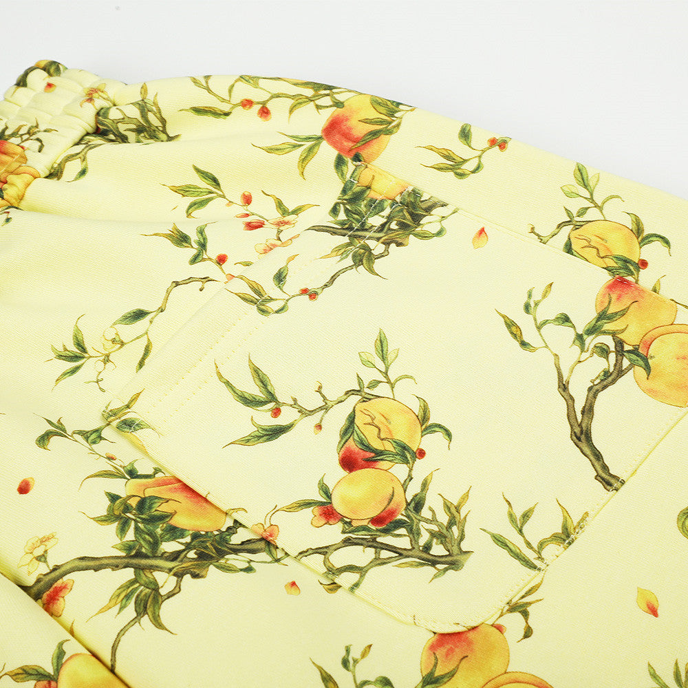 Wide-Leg Pants – All-Over Peach Blossom Branch Print, Relaxed Straight Fit