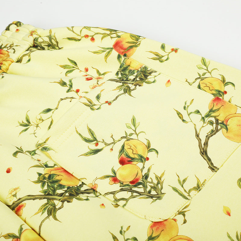 Wide-Leg Pants – All-Over Peach Blossom Branch Print, Relaxed Straight Fit