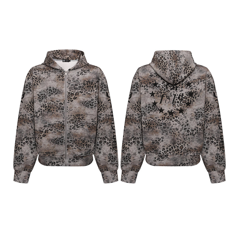 Leopard Print Zip-Up Hoodie – Vintage American Streetwear Oversized Cardigan