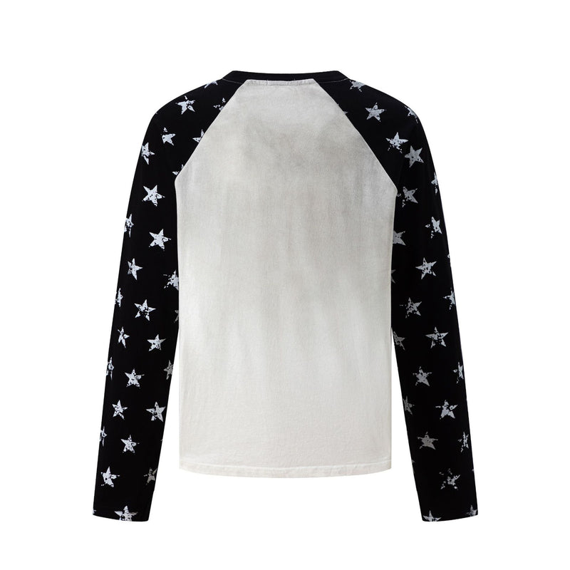 Long Sleeve Raglan Tee – Star-Print Sleeves & Vintage Heraldic Graphic