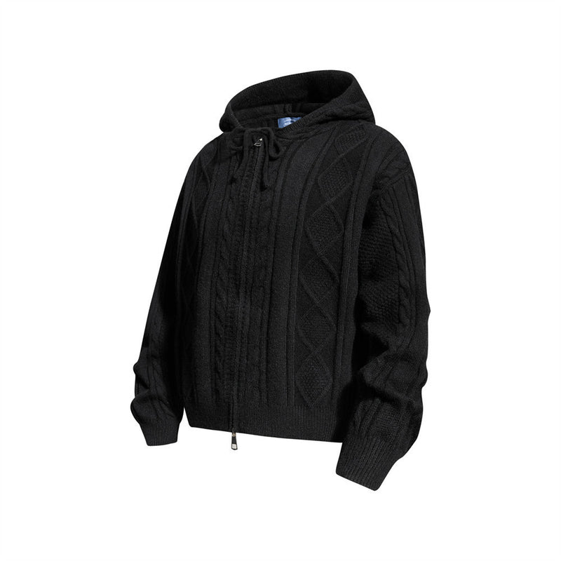 Sweat à capuche zippé en maille torsadée à motif losanges et capuche à cordon