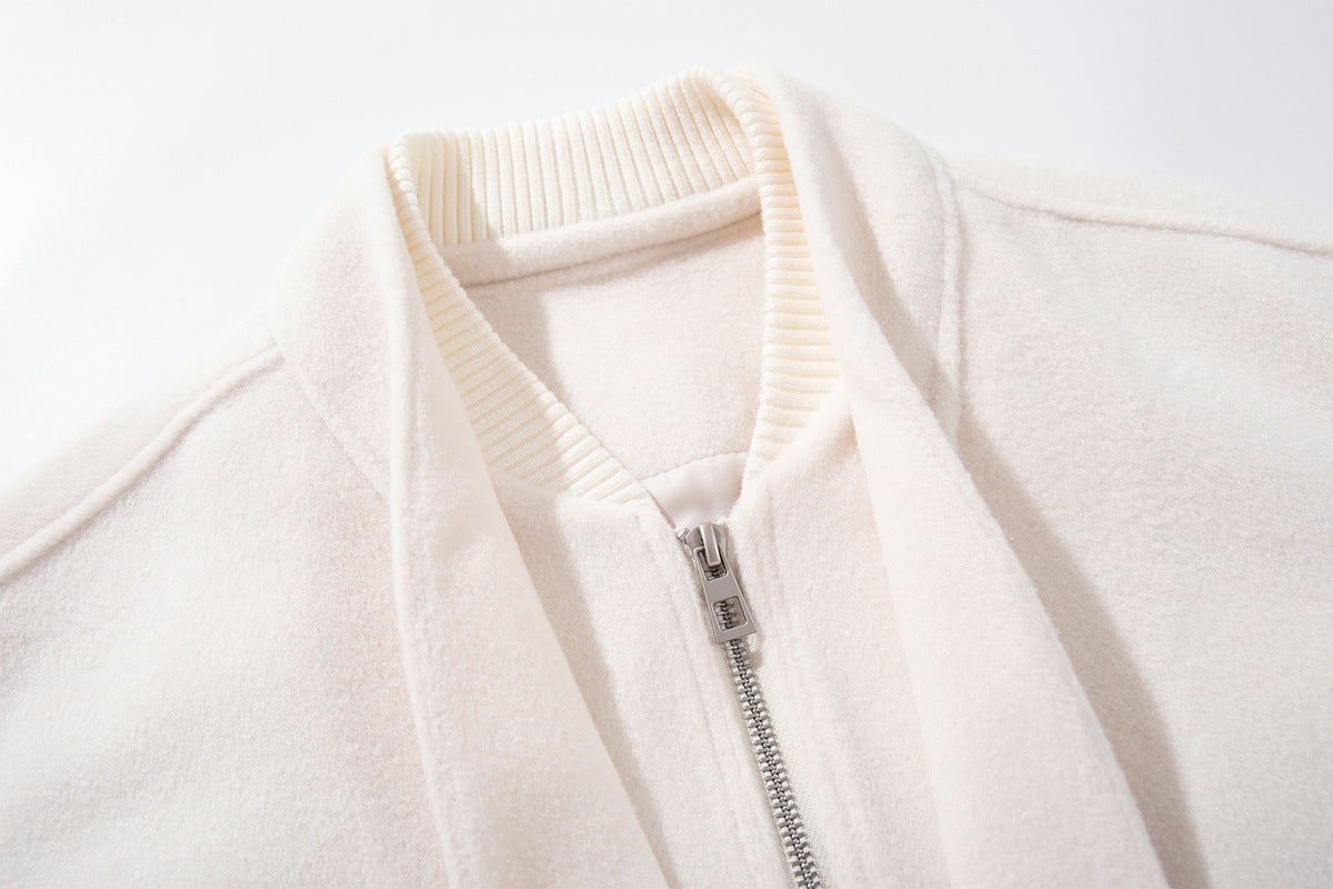 Wool Blend Bomber Jacket – Double-Layer Collar, Zip-Up Men's Coat