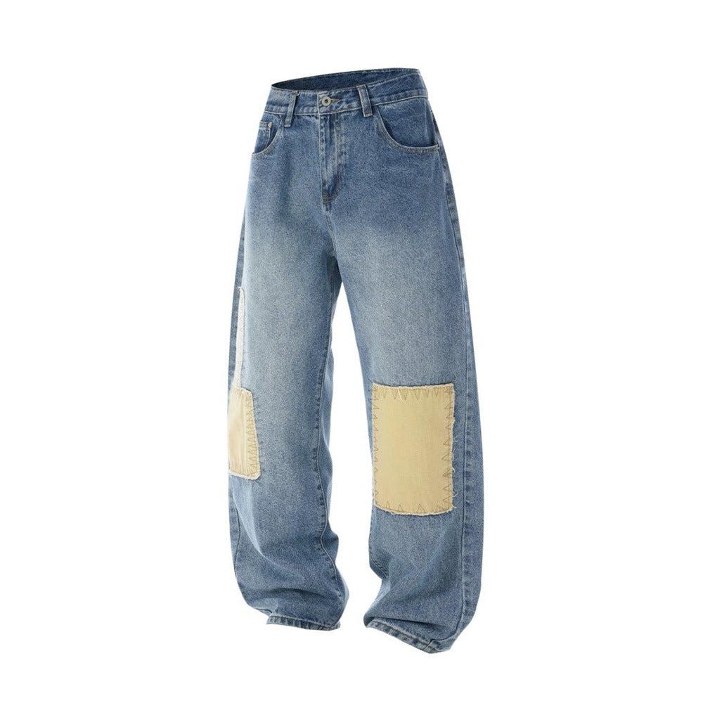 Men's Patchwork Wide-Leg Jeans – Straight Fit Streetwear Denim with Contrast