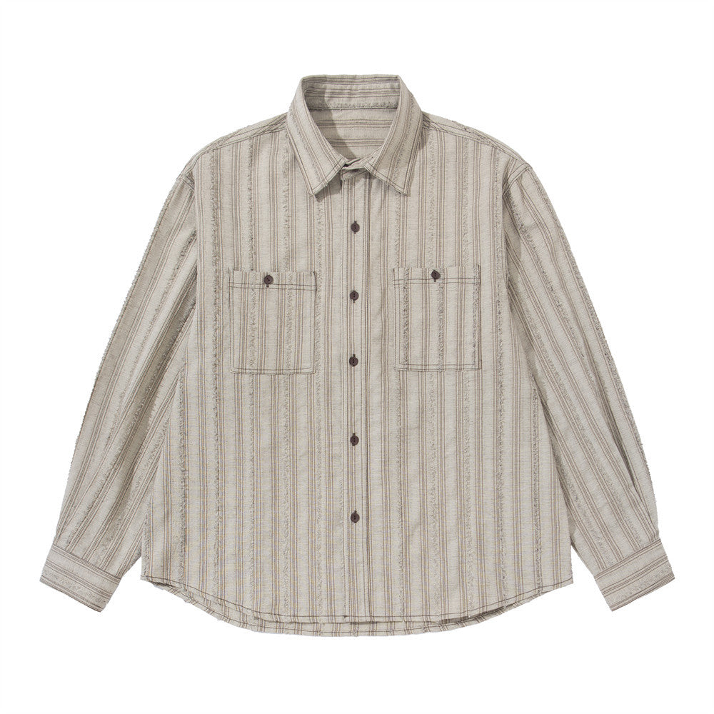 Men's oversized vintage vertical striped long-sleeve button-up shirt with dual chest pockets in off-white colorway, front and