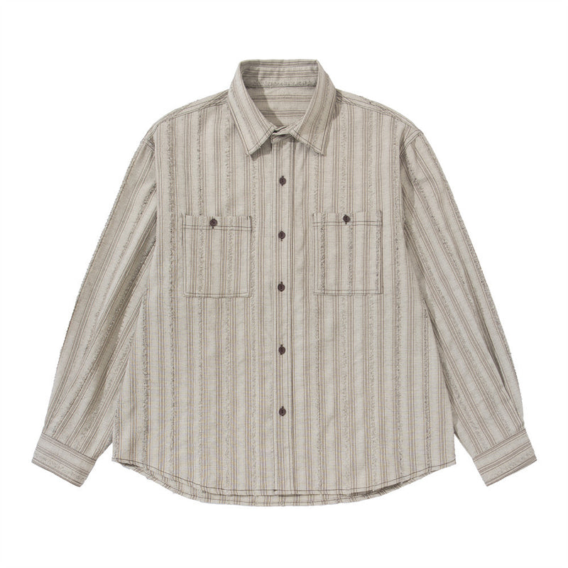 Men's oversized vintage vertical striped long-sleeve button-up shirt with dual chest pockets in off-white colorway, front and