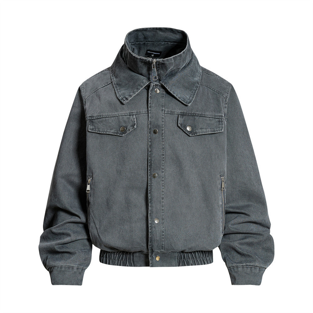 Men's oversized washed denim bomber jacket with double collar and zip pockets in charcoal grey