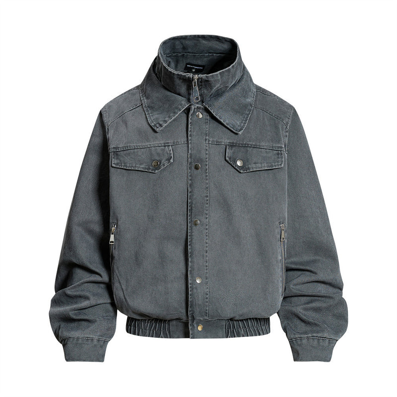 Men's oversized washed denim bomber jacket with double collar and zip pockets in charcoal grey