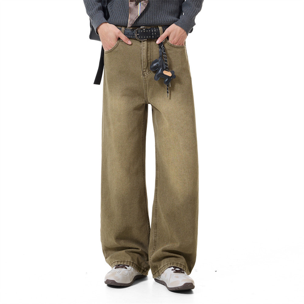 Men's vintage washed wide-leg straight-fit jeans in khaki colorway with leather horse charm detail