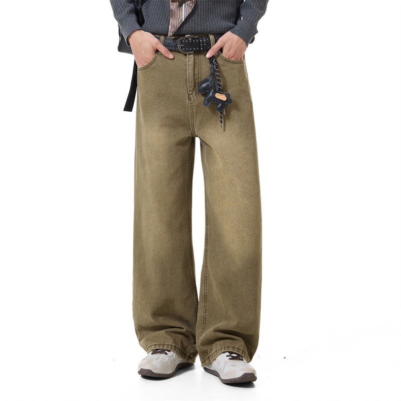 Men's vintage washed wide-leg straight-fit jeans in khaki colorway with leather horse charm detail