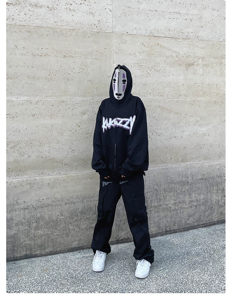 No-Face Anime Hoodie - 400GSM Oversized Spirited Away Zip-Up Sweatshirt