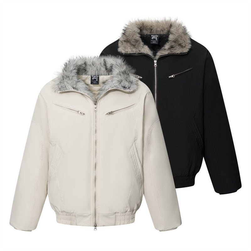 Men's Faux Fur Collar Bomber Jacket – Padded Winter Coat with Dual Zip Pockets