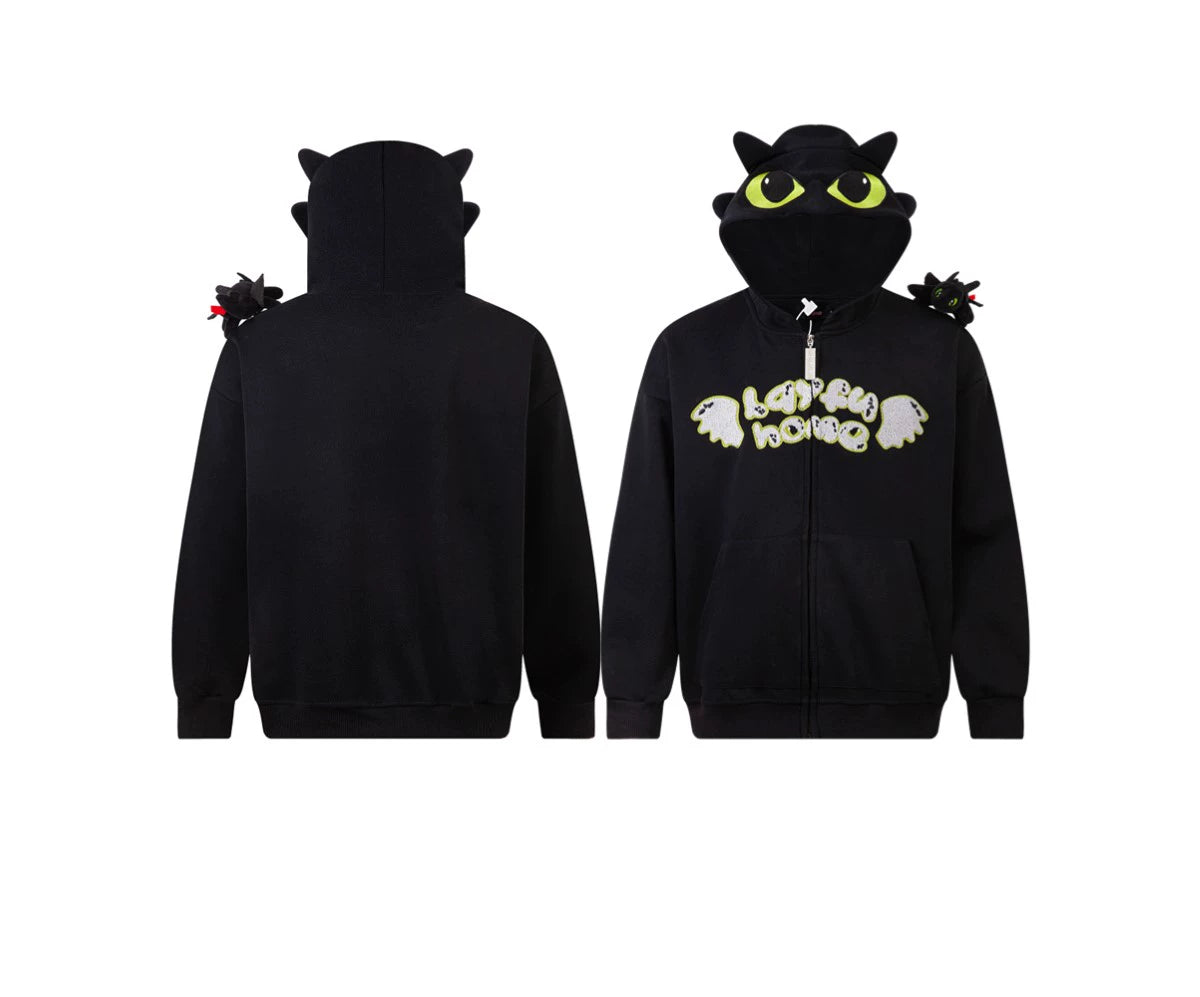 Cute Night Fury Dragon Hoodie – Anime-Inspired Full Zip Hoodie with 3D Ears &amp; Toy Accessory