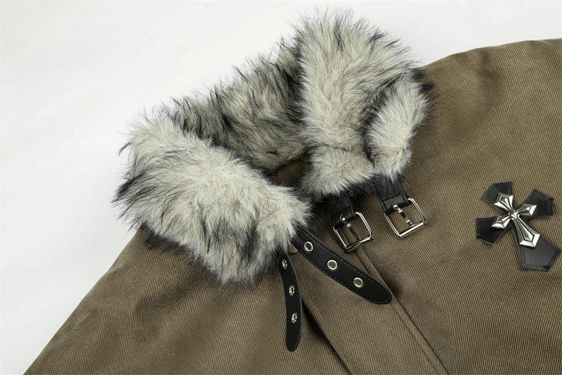 Veste homme doublée sherpa, bomber à col en fourrure avec écusson croix et détails à boucle