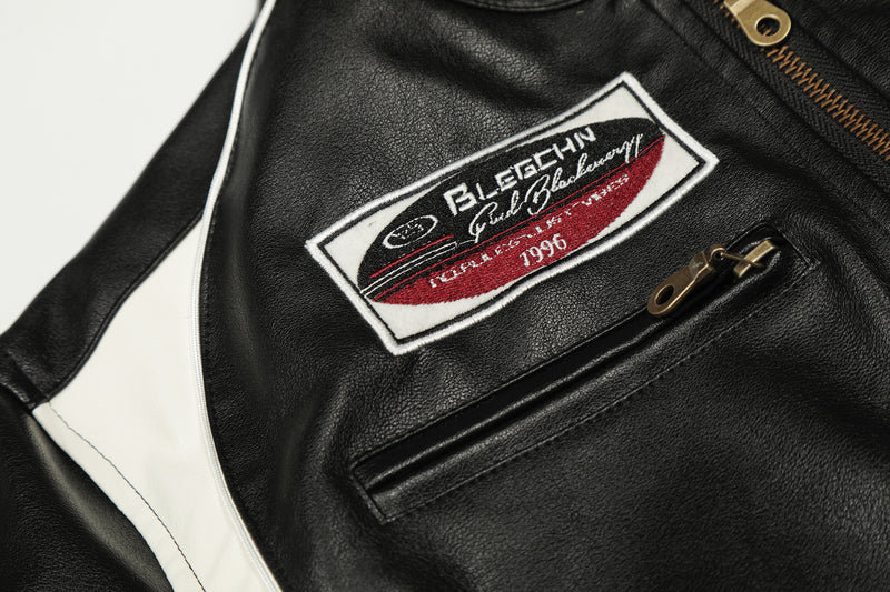 Veste moto de course en similicuir PU – Blouson biker noir à empiècements contrastants