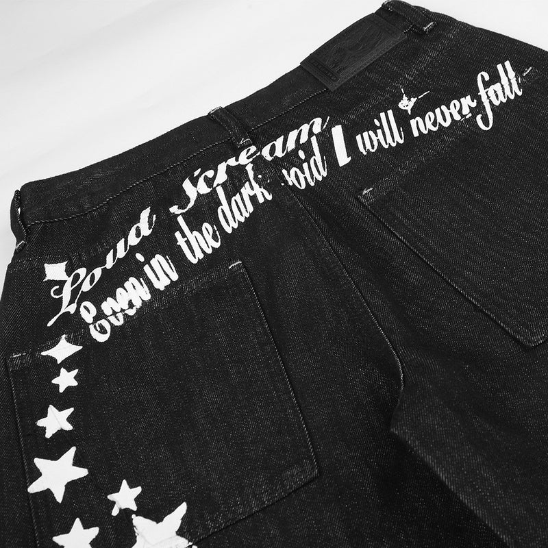Jean barrel à jambes larges avec imprimé étoiles et script – Denim noir