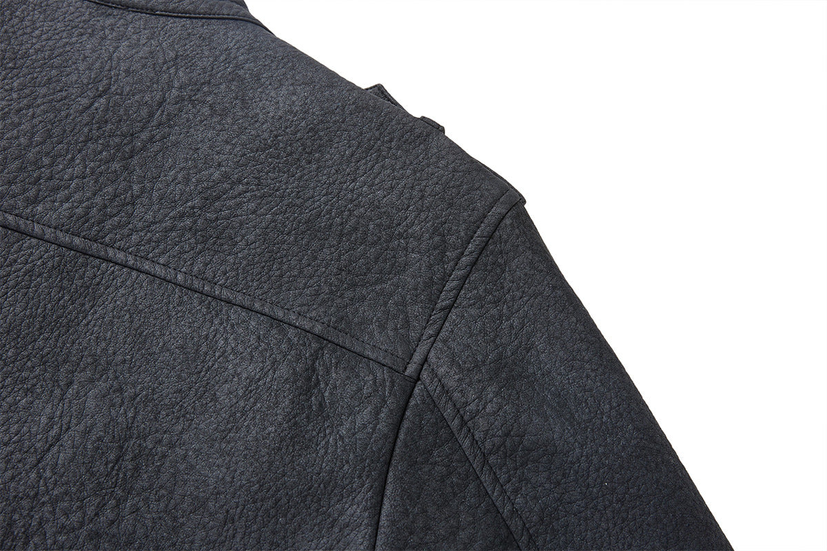 Military-Style Faux Leather Jacket with Double-Breasted Buttons & Zip Front