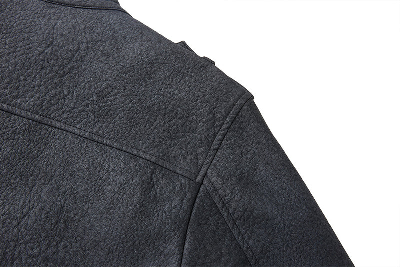 Military-Style Faux Leather Jacket with Double-Breasted Buttons & Zip Front