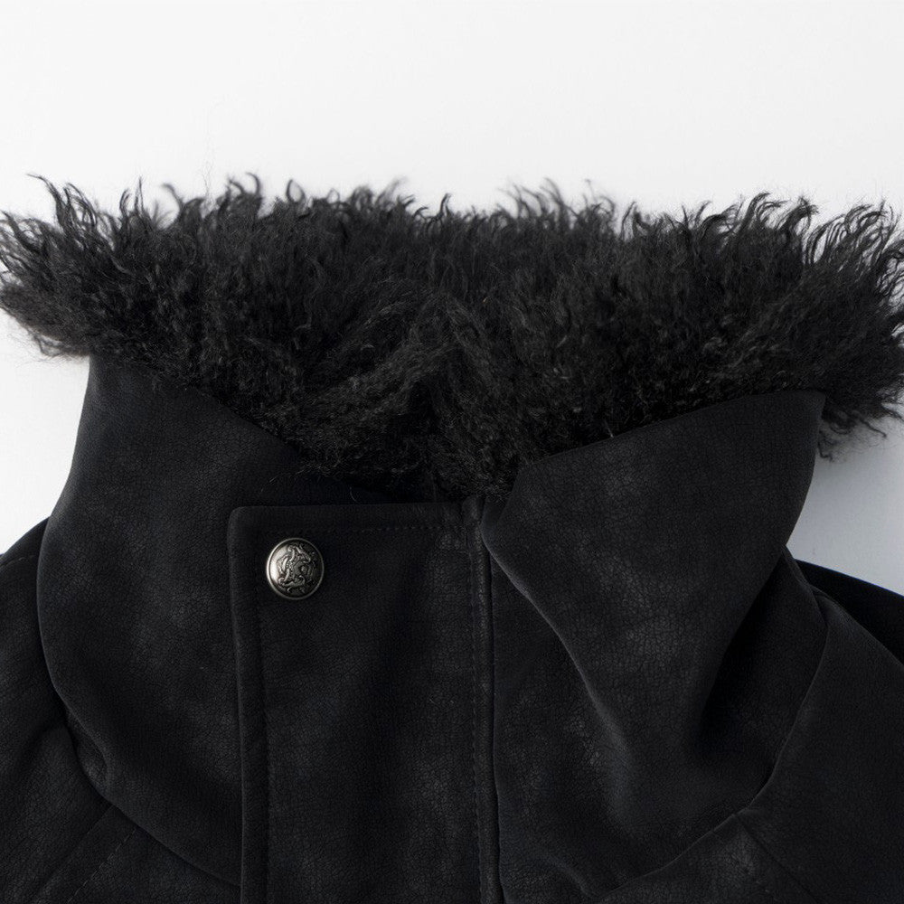 Men's Suede Bomber Jacket with Mongolian Fur Collar, Black Distressed PU Leather