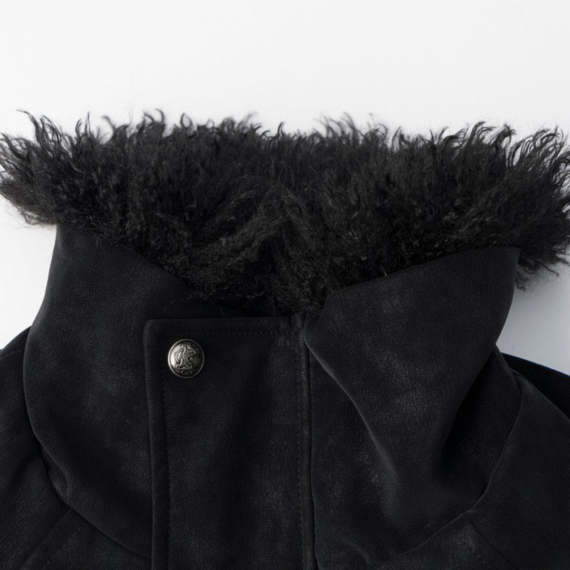 Men's Suede Bomber Jacket with Mongolian Fur Collar, Black Distressed PU Leather