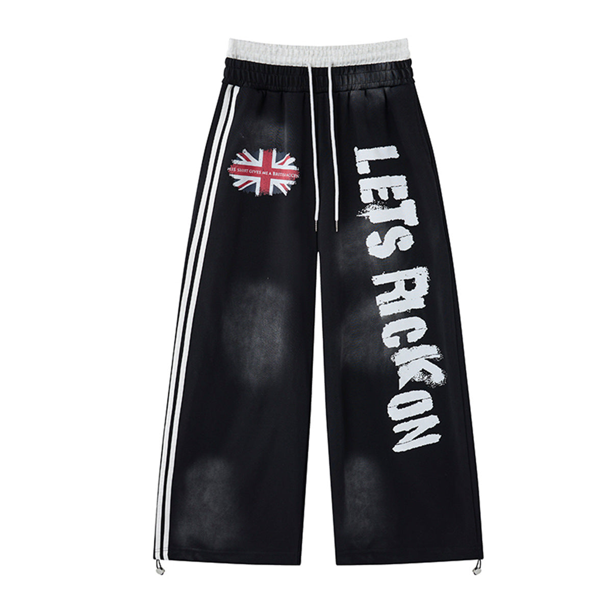 Weit geschnittene Sweatpants mit „Let's Rock On“-Graffiti-Print und Union-Jack-Print in Schwarz, Vorderansicht