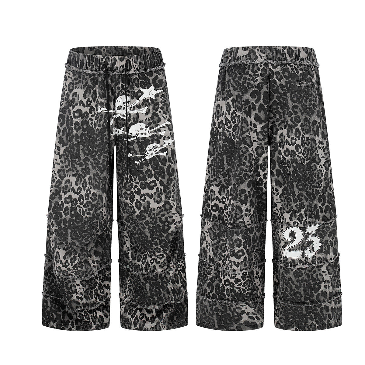 Wide-Leg Leopard Print Pants with Skull & Crossbones Graphic