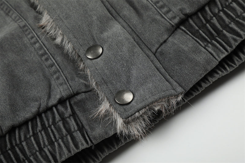 Men's Faux Fur-Lined Bomber Jacket – Studded Workwear Cotton Padded Coat