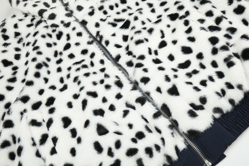 Reversible Dalmatian Faux Fur Bomber Jacket – Two-Way Wear Padded Coat