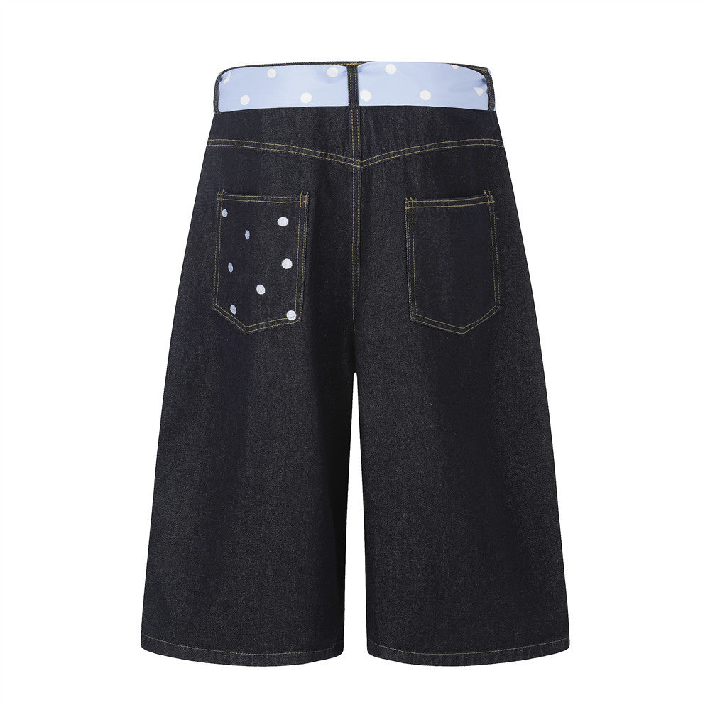 I Love RUNTENG Letter Print Wide-Leg Denim Shorts with Polka Dot Tie Detail