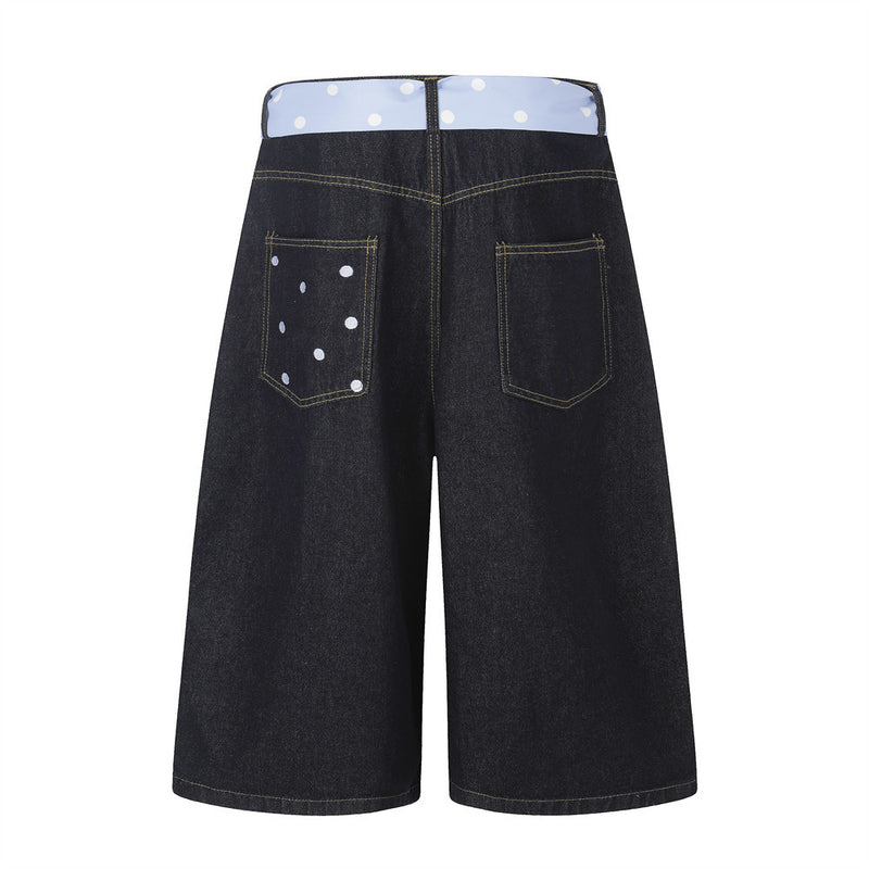 I Love RUNTENG Letter Print Wide-Leg Denim Shorts with Polka Dot Tie Detail