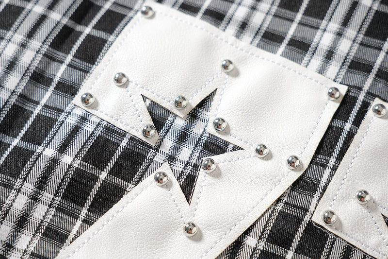 Designer Long Sleeve Shirt – Plaid Studded 'LUCK' Star Graphic, Relaxed Fit