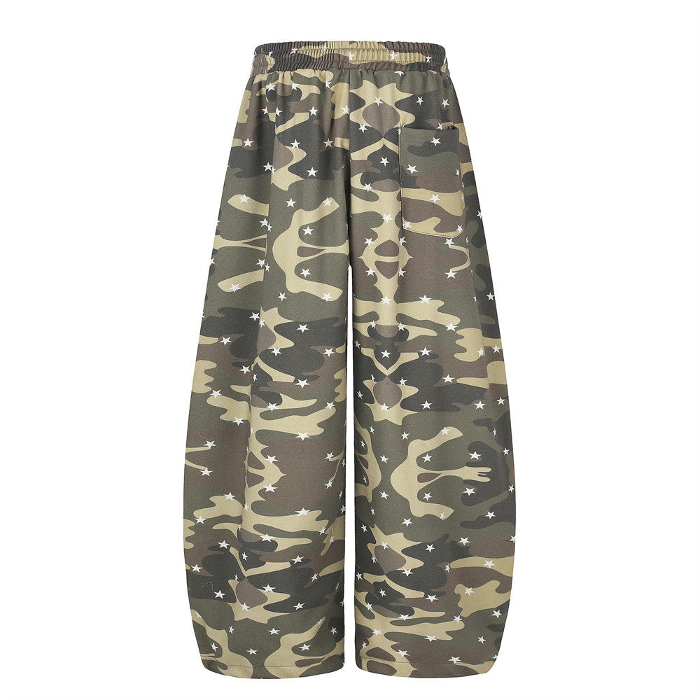 Back view of wide leg camo pants with star print and one back patch pocket