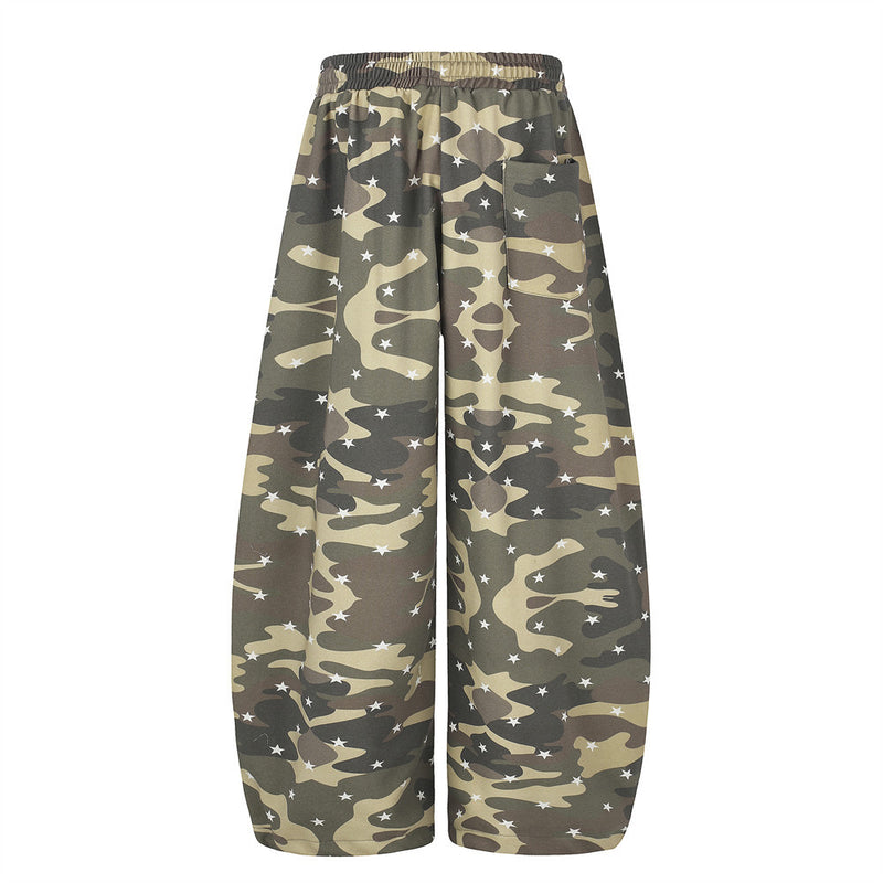 Back view of wide leg camo pants with star print and one back patch pocket