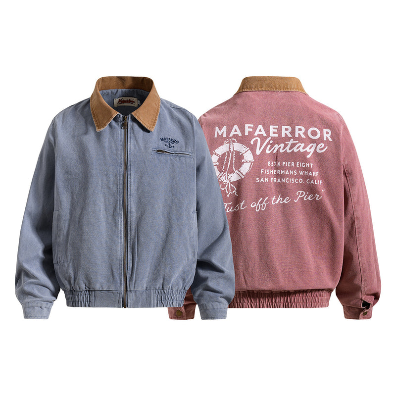 Chaqueta de lona lavada workwear con cuello de pana – Estilo barn de corte cuadrado